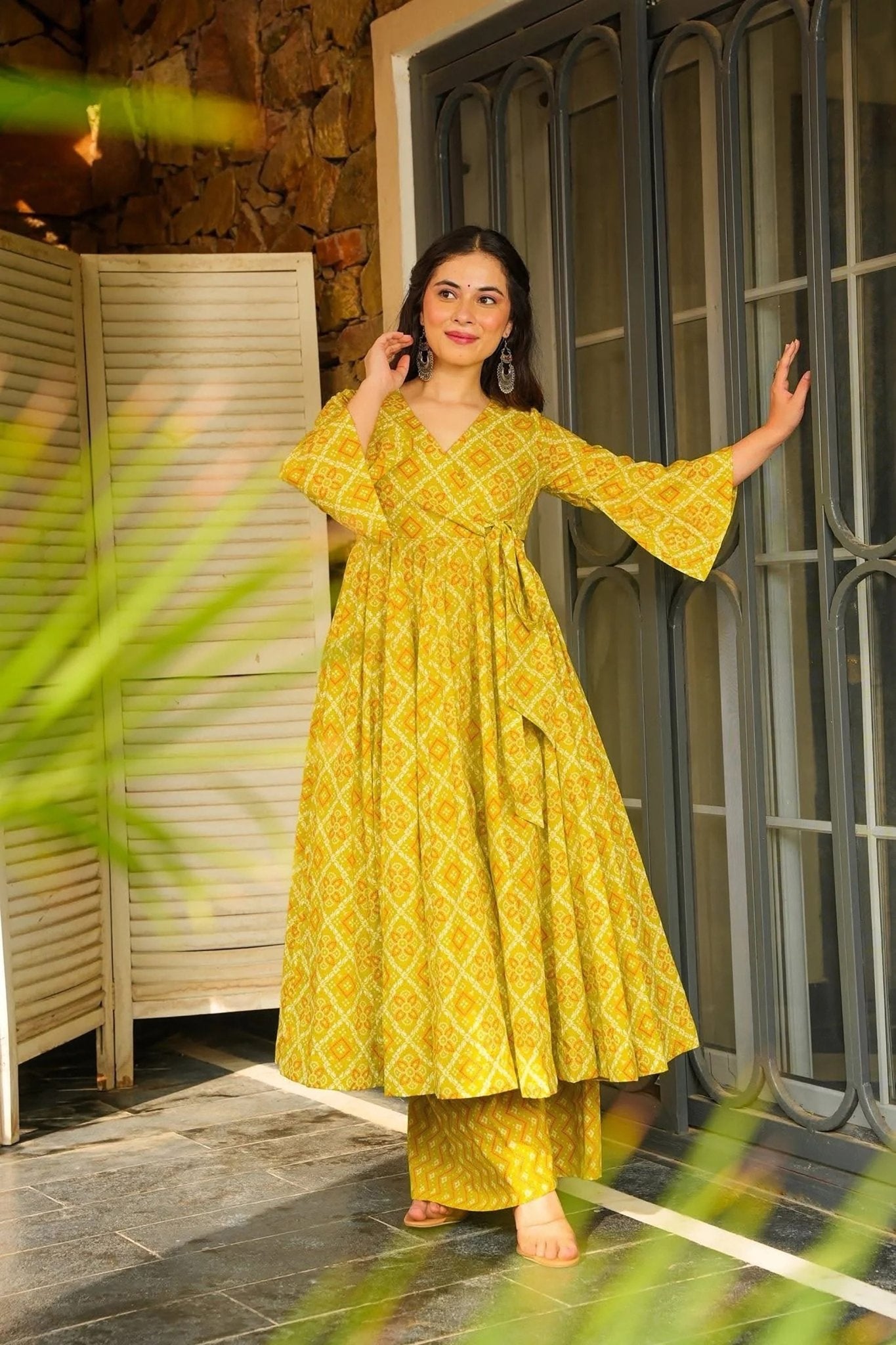 Yellow Rayon Bandhani Print Kurti with Palazzo Set for Festive Wear - Mangaldeep NX