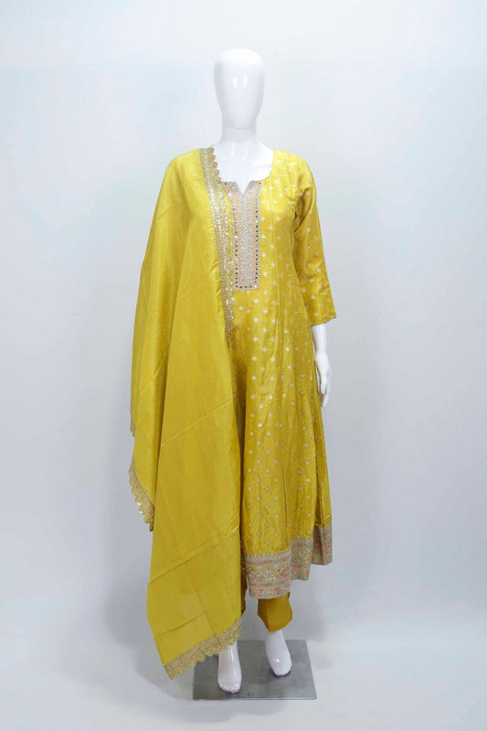 Yellow Silk Anarkali Suit with Embroidered Dupatta - Mangaldeep NX