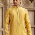 Yellow Silk Kurta Pyjama Set for Men with Mirror Embellished Placket - Mangaldeep NX