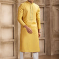 Yellow Silk Kurta Pyjama Set for Men with Mirror Embellished Placket - Mangaldeep NX