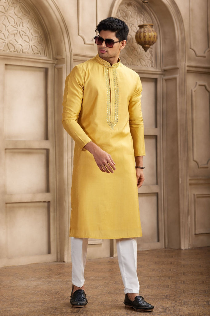 Yellow Silk Kurta Pyjama Set for Men with Mirror Embellished Placket - Mangaldeep NX