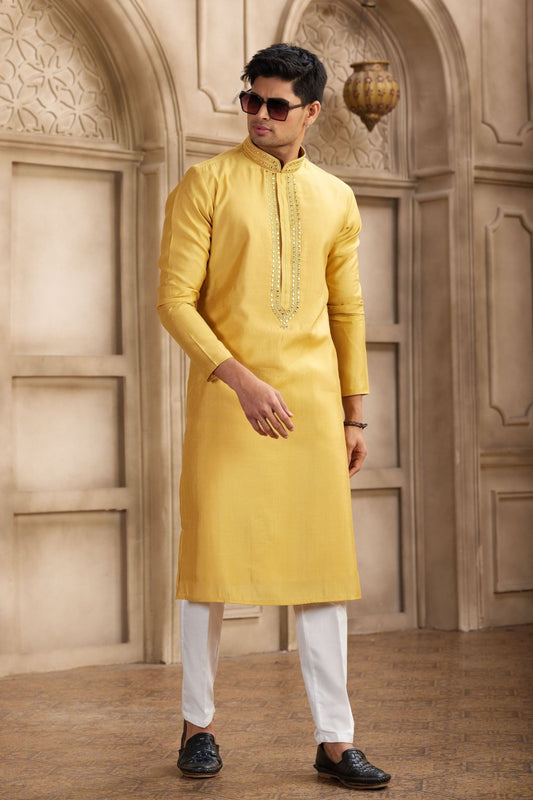 Yellow Silk Kurta Pyjama Set for Men with Mirror Embellished Placket - Mangaldeep NX