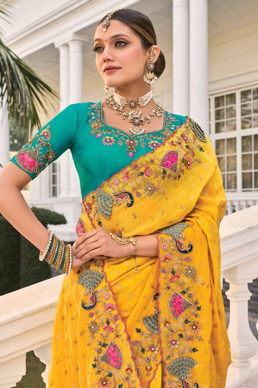 Yellow Silk Saree with Peacock Embroidery and Green Blouse - Mangaldeep NX