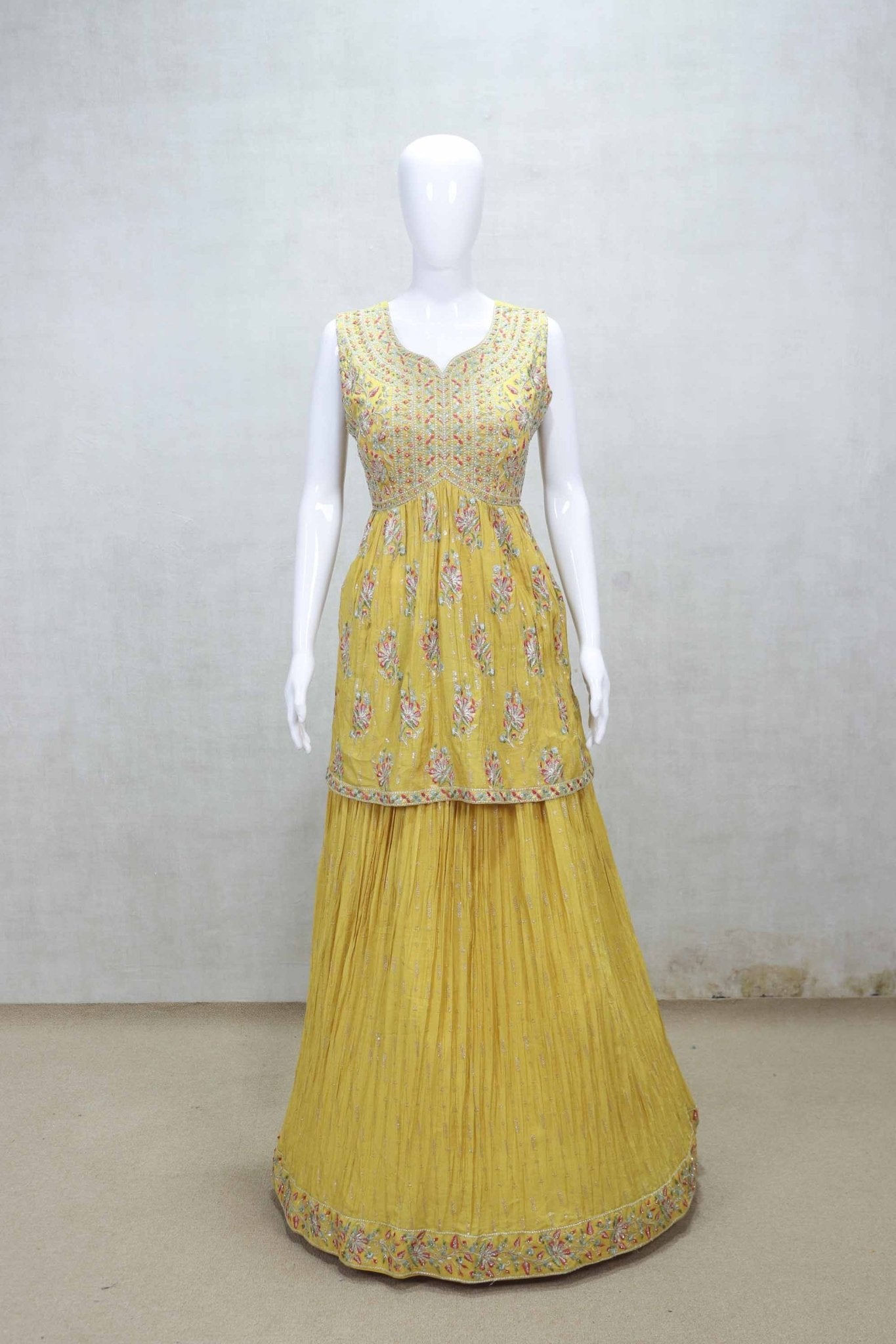 Yellow Sleeveless Lehenga Set with Heavy Embroidery and Net Dupatta - Mangaldeep NX