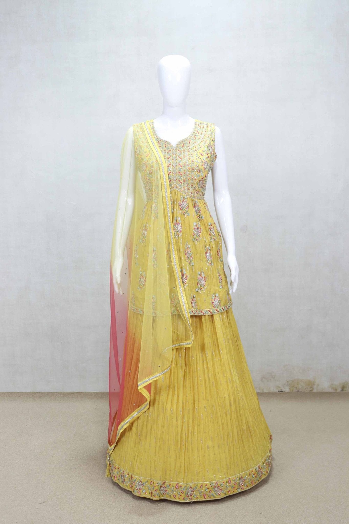 Yellow Sleeveless Lehenga Set with Heavy Embroidery and Net Dupatta - Mangaldeep NX