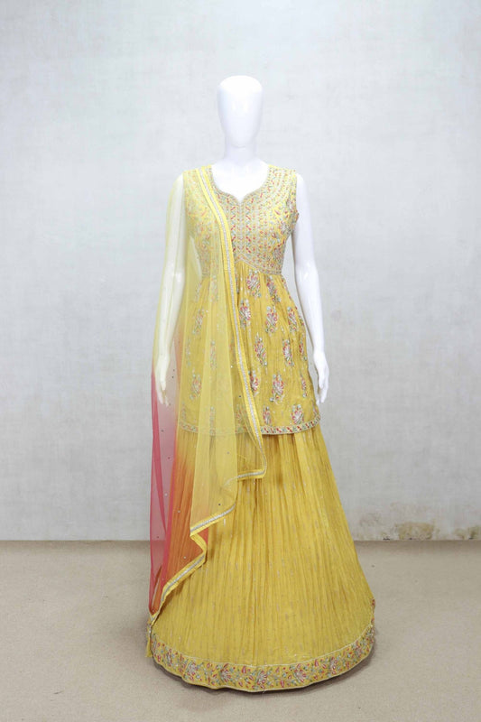 Yellow Sleeveless Lehenga Set with Heavy Embroidery and Net Dupatta - Mangaldeep NX