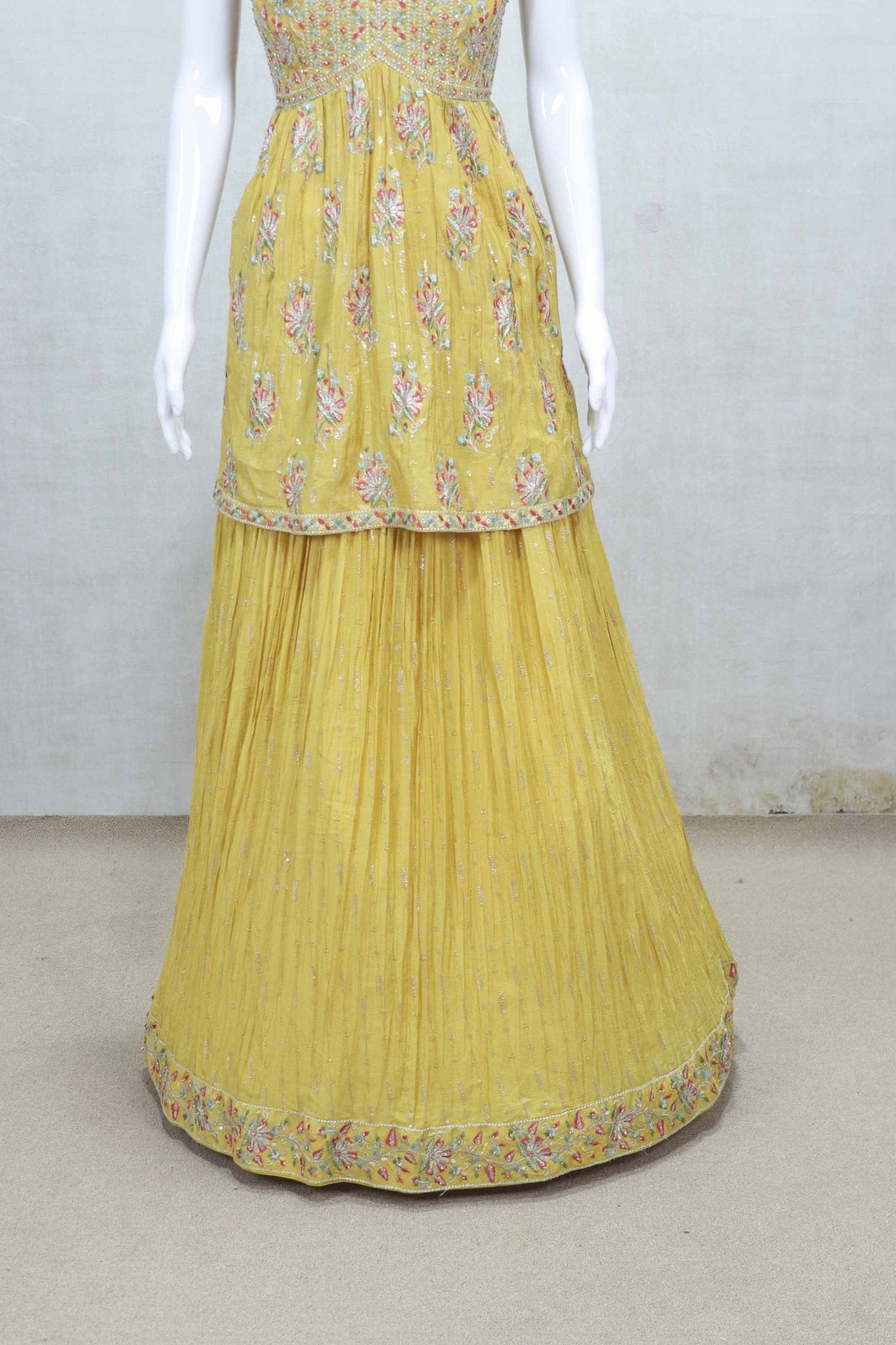 Yellow Sleeveless Lehenga Set with Heavy Embroidery and Net Dupatta - Mangaldeep NX