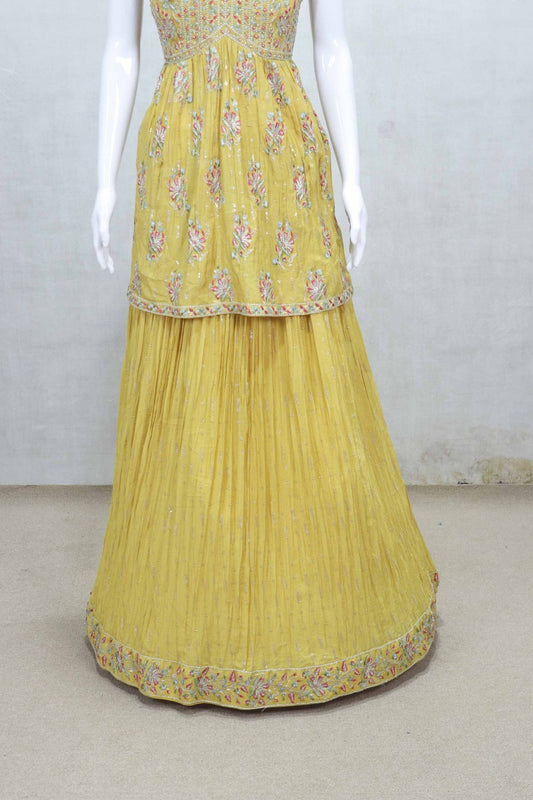 Yellow Sleeveless Lehenga Set with Heavy Embroidery and Net Dupatta - Mangaldeep NX