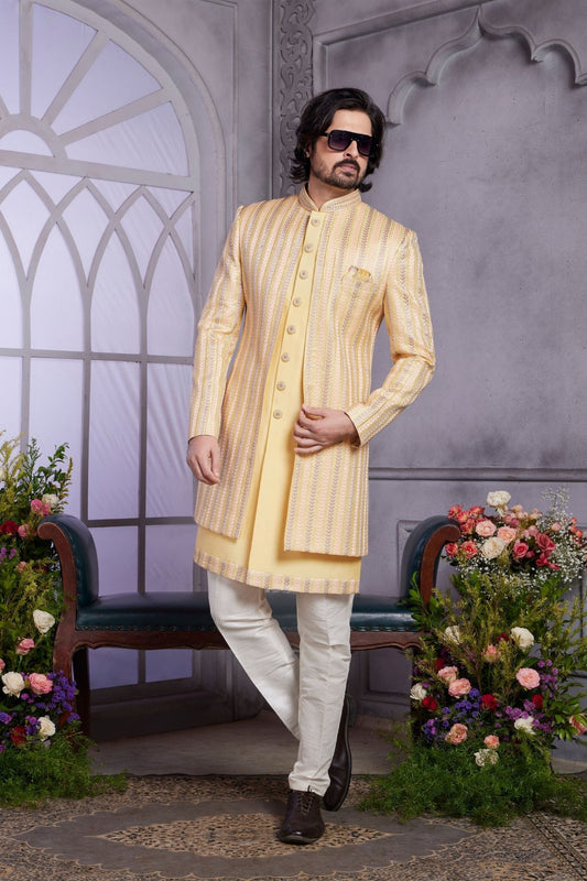 Yellow Textured Indo Western with Embroidered Jacket for Men - Mangaldeep NX