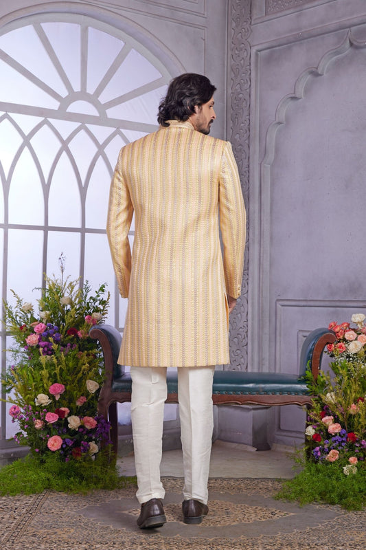 Yellow Textured Indo Western with Embroidered Jacket for Men - Mangaldeep NX