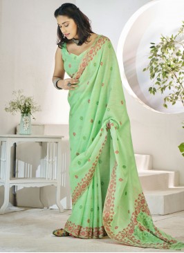 Aari Linen Designer Saree in Green