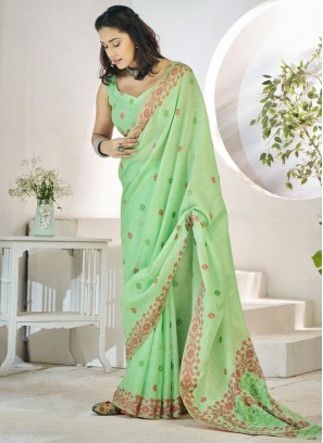 Aari Linen Designer Saree in Green