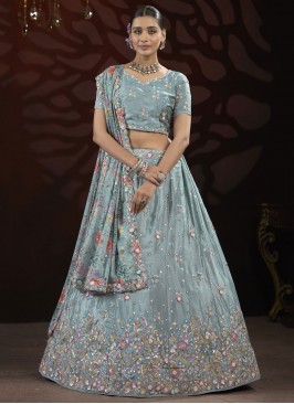 Absorbing Aqua Blue Thread Designer Lehenga Choli