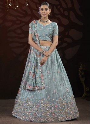 Absorbing Aqua Blue Thread Designer Lehenga Choli