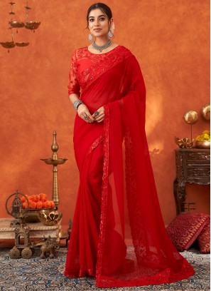 Absorbing Border Red Trendy Saree