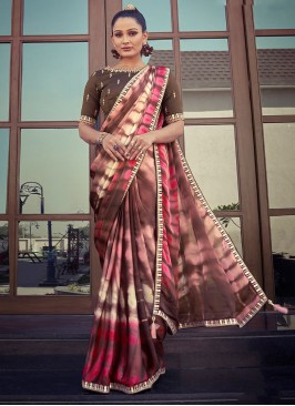 Absorbing Embroidered Brown Satin Trendy Saree