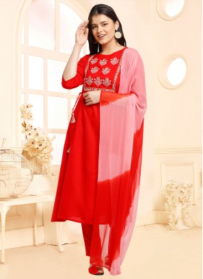 Absorbing Embroidered Cotton Red Readymade Salwar Kameez