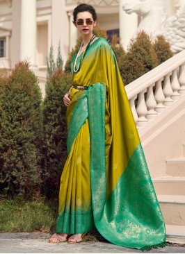 Absorbing Pure Silk Green and Mustard Weaving Contemporary Saree