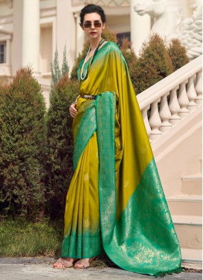 Absorbing Pure Silk Green and Mustard Weaving Contemporary Saree