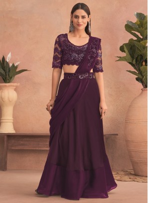 Absorbing Purple Engagement Lehenga Style Saree