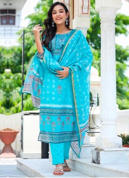 Adorable Chanderi Printed Aqua Blue Straight Salwar Suit