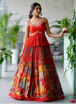 Adorable Red Crepe Silk Designer Lehenga Choli