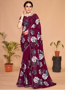 Adorable Sequins Wine Georgette Traditional Saree