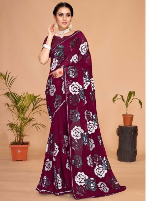 Adorable Sequins Wine Georgette Traditional Saree