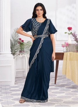 Adorning Embroidered Satin Silk Navy Blue Trendy Saree