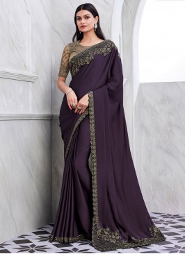 Adorning Silk Purple Embroidered Classic Saree