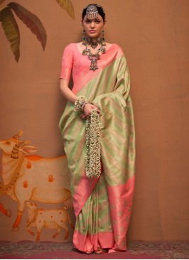 Aesthetic Green and Rose Pink Handloom silk Classic Saree