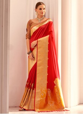 Aesthetic Red Weaving Silk Designer Saree