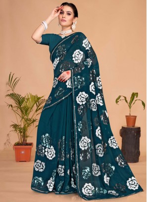 Alluring Georgette Morpeach  Sequins Classic Saree