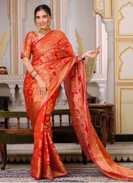 Alluring Orange Weaving Organza Trendy Saree