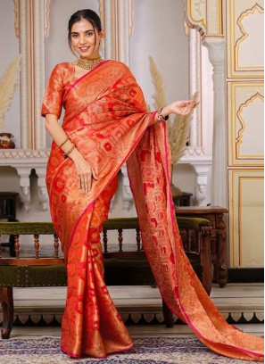 Alluring Orange Weaving Organza Trendy Saree