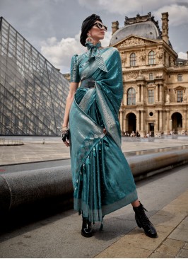 Alluring Weaving Teal Handloom silk Contemporary Style Saree