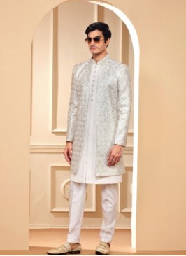 Amazing White Terry Rayon Indowestern Suit