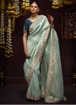 Angelic Aqua Blue Kanjivaram Silk Trendy Saree