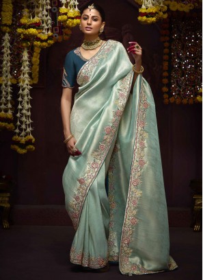 Angelic Aqua Blue Kanjivaram Silk Trendy Saree