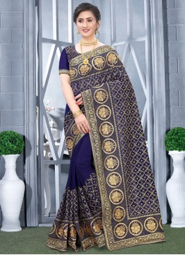 Angelic Fancy Fabric Navy Blue Embroidered Traditional Designer Saree