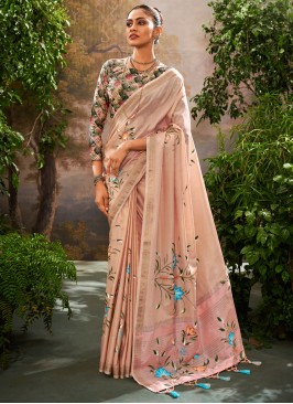 Appealing Linen Pink Print Trendy Saree