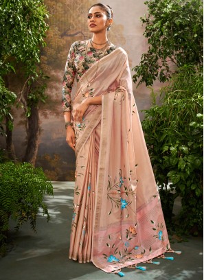 Appealing Linen Pink Print Trendy Saree