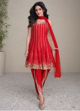 Appealing Mirror Silk Red Readymade Salwar Kameez