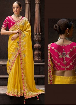 Appealing Stone Yellow Tissue Trendy Saree