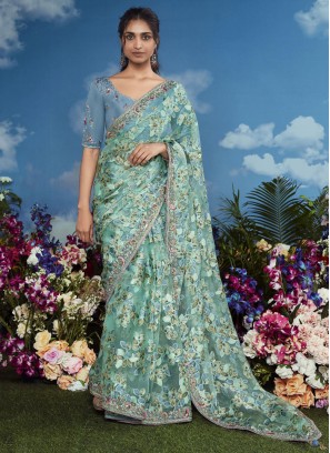 Aqua Blue Brasso Sequins Trendy Saree