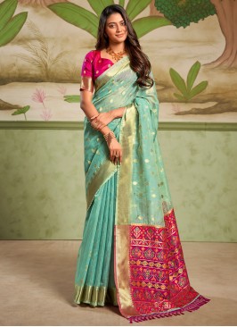 Aqua Blue Cotton Silk Festival Trendy Saree