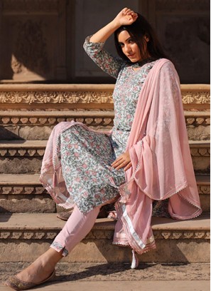 Aqua Blue Embroidered Cotton Trendy Salwar Suit