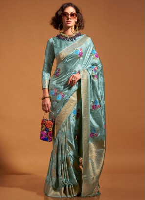 Aqua Blue Festival Handloom silk Contemporary Saree