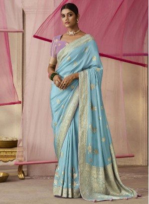 Aqua Blue Floral Patterns Viscose Classic Saree