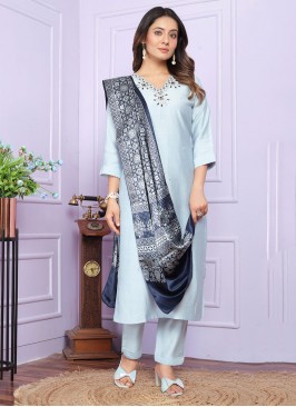 Aqua Blue Handwork Silk Designer Salwar Kameez